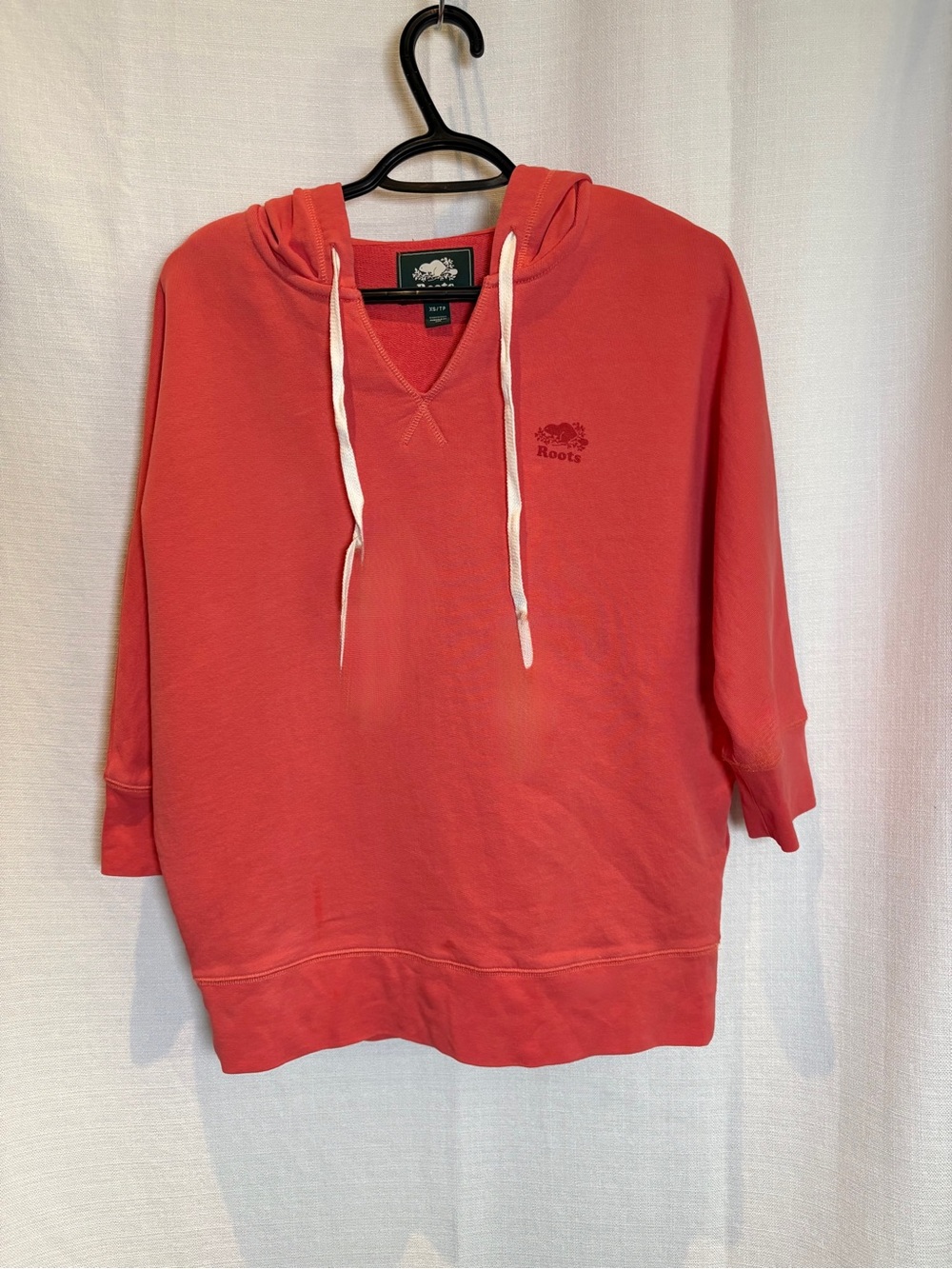 EUC Roots Women's Coral V Neck 3/4 Sleeve Hoodie with Drawstrings 100% Cotton